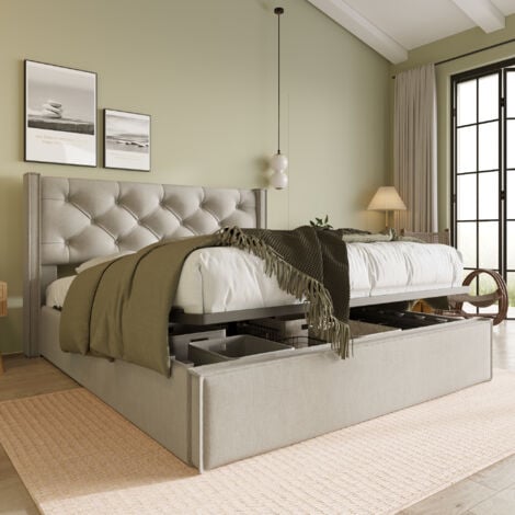 Lit coffre 160x200 cm, lit enfant, lit adulte, lit capitonné avec sommier à lattes en métal, en coton, gris clair, sans matelas