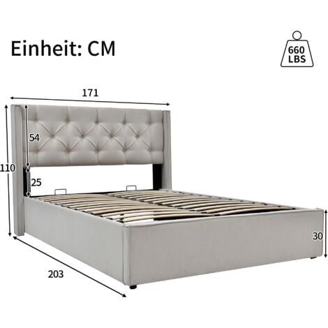 Lit coffre 160x200 cm, lit enfant, lit adulte, lit capitonné avec sommier à lattes en métal, en coton, gris clair, sans matelas