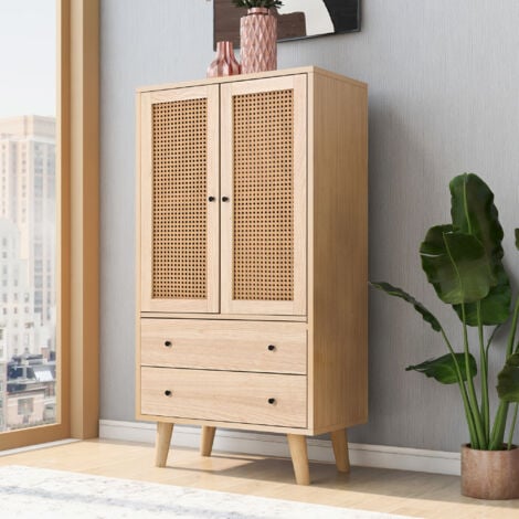 Buffet haut, buffet salon avec 2 portes en rotin et 2 tiroirs, chêne