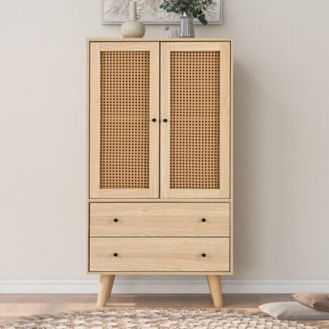 Buffet haut, buffet salon avec 2 portes en rotin et 2 tiroirs, chêne