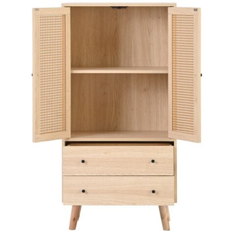 Buffet haut, buffet salon avec 2 portes en rotin et 2 tiroirs, chêne