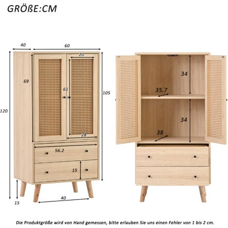Buffet haut, buffet salon avec 2 portes en rotin et 2 tiroirs, chêne