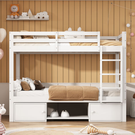 Wishdor – Lit superposé enfant 90 x 200 cm – 2 tiroirs et porte-chaussures – MDF et pin – Dimensions totales 205 x 95 x 158 cm