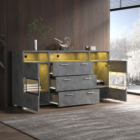 Buffet Gris 4 Portes Avec Portes Transparentes - Meuble De Rangement Salon, Salle à Manger, 180x40x88cm