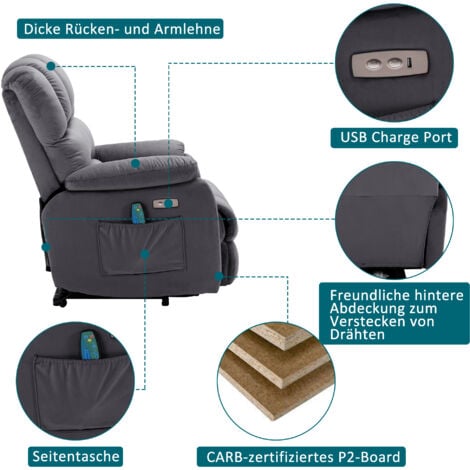 Fauteuil relax électrique en tissu avec fonction inclinable, fonction massage, fonction chaleur, fauteuil massant avec télécommande, gris