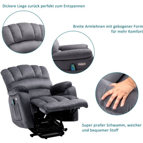 Fauteuil relax électrique en tissu avec fonction inclinable, fonction massage, fonction chaleur, fauteuil massant avec télécommande, gris