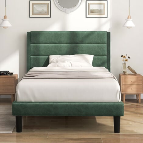 Lit adulte Lit adolescent simple capitonné 90 x 200 cm avec sommier à lattes et tête de lit, housse en textile de velours vert, sans matelas