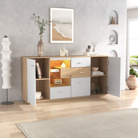 Buffet blanc et bois, buffet salon, buffet led avec 2 portes et 4 tiroirs, étagère en verre, 160x40x77 cm