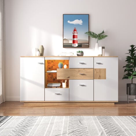 Buffet blanc et bois, buffet salon, buffet led avec 2 portes et 4 tiroirs, étagère en verre, 160x40x77 cm