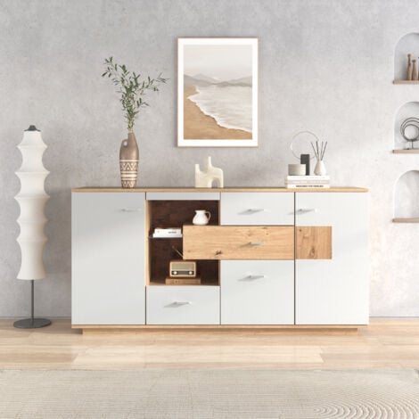 Buffet blanc et bois, buffet salon, buffet led avec 2 portes et 4 tiroirs, étagère en verre, 160x40x77 cm