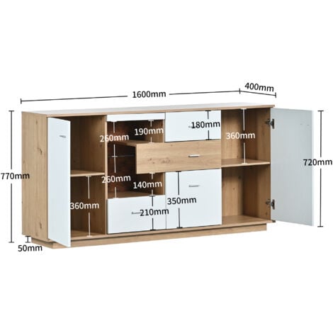 Buffet blanc et bois, buffet salon, buffet led avec 2 portes et 4 tiroirs, étagère en verre, 160x40x77 cm