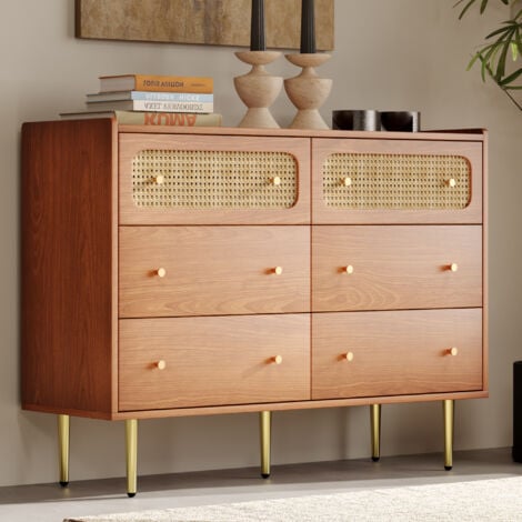 Commode à 6 tiroirs, commode en rotin pour chambre et salon, noyer