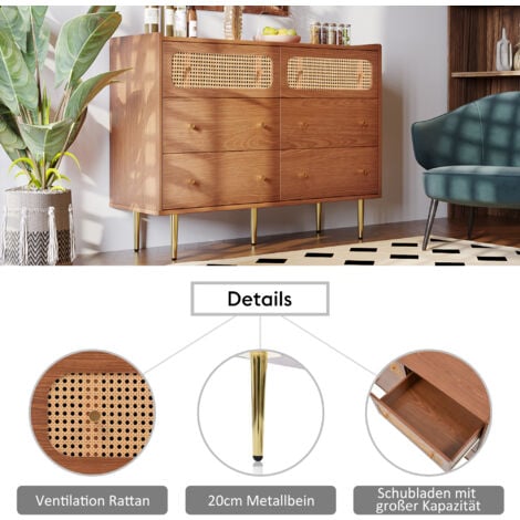 Commode à 6 tiroirs, commode en rotin pour chambre et salon, noyer