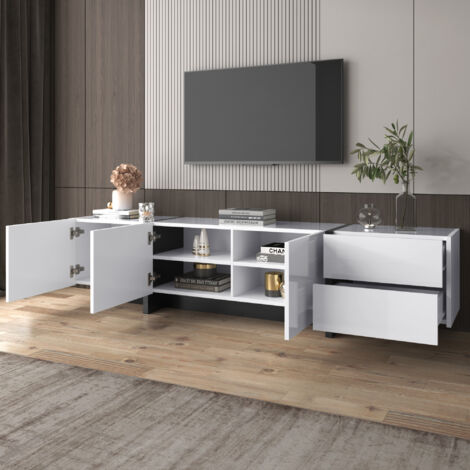 Meuble TV blanc brillant avec 3 portes et 2 tiroirs, portes avec étagères (1/5)