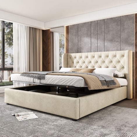 Lit coffre Lit adulte capitonné double 180 x 200 cm en forme d'oreille avec sommier à lattes, velours, beige