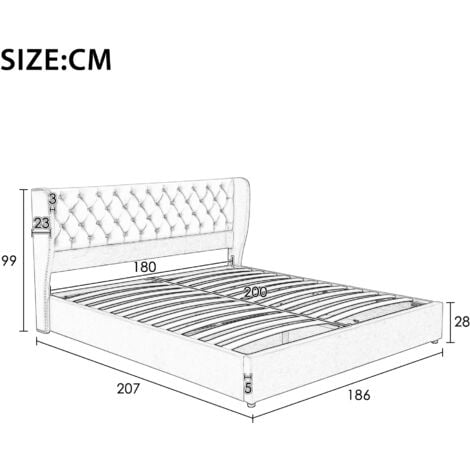 Lit coffre Lit adulte capitonné double 180 x 200 cm en forme d'oreille avec sommier à lattes, velours, beige