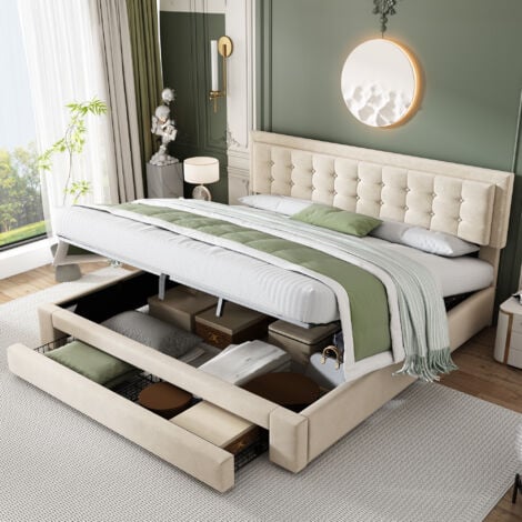 Lit coffre 160x200 cm, lit adulte 160x200 cm, lit capitonné avec 2 tiroir et sommier à lattes, velours, beige, sans matelas, sans fond