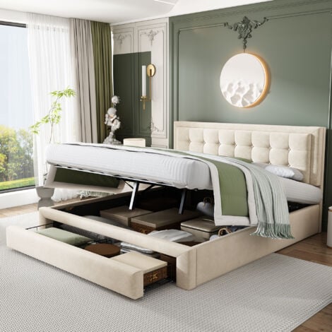 Lit coffre 160x200 cm, lit adulte 160x200 cm, lit capitonné avec 2 tiroir et sommier à lattes, velours, beige, sans matelas, sans fond