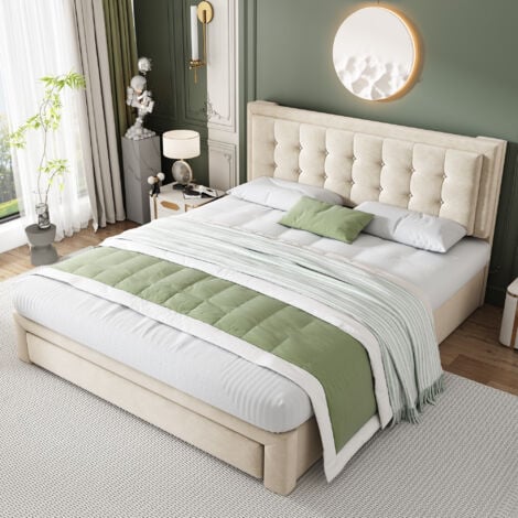 Lit coffre 160x200 cm, lit adulte 160x200 cm, lit capitonné avec 2 tiroir et sommier à lattes, velours, beige, sans matelas, sans fond