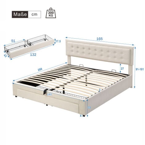 Lit coffre 160x200 cm, lit adulte 160x200 cm, lit capitonné avec 2 tiroir et sommier à lattes, velours, beige, sans matelas, sans fond