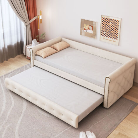 Canapé-lit 1 Personne 90x200 Cm Avec Lumières LED Et Ports USB | 2 Tiroirs De Rangement, Sommier Lattes | Velours Beige, Sans Matelas - 4