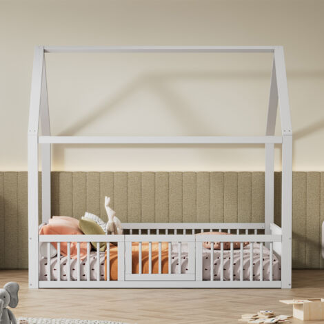 Wishdor – Lit cabane 140x200 cm – Cadre en pin et MDF – Barrière de sécurité – Porte ludique – Dimensions extérieures 204.5x145x191.5 cm