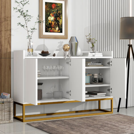Buffet blanc, buffet salon, buffet salle à manger avec 4 portes, sans poignée, 120x30x80 cm (1/5)
