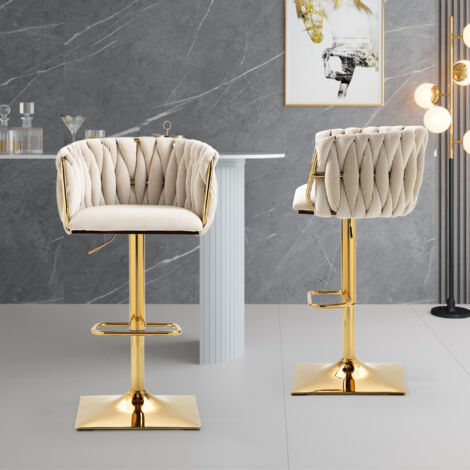 Lot de 2 tabourets de bar réglable en hauteur avec dossier et repose-pieds, velours, beige (1/5)