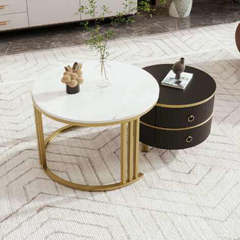 Table basse ronde 2 en 1 avec plateau brillant et 1 plateau en marbre, en MDF, blanc, or et noir (1/5)