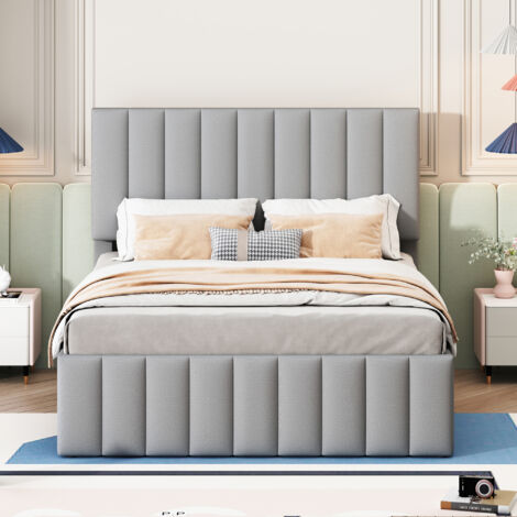 Lit double Lit capitonné 140 x 200 cm avec lit gigogne et tiroirs, lin, gris