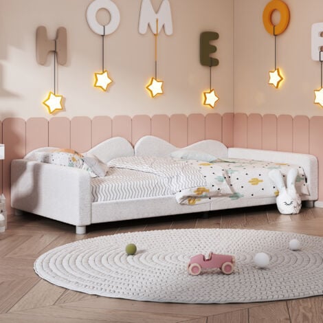 Lit simple 90x200 cm, lit rembourré, lit enfant 90x200 cm, cadre de canapé-lit en tissu peluche doux, blanc, sans matelas