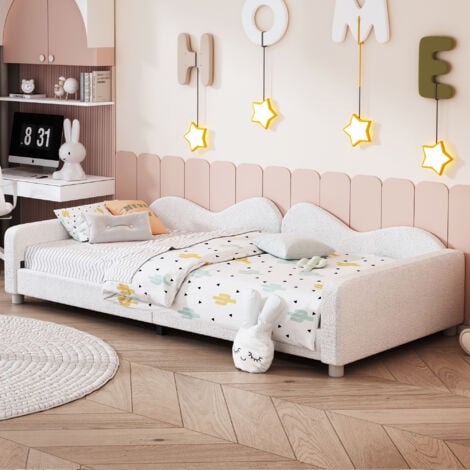 Lit simple 90x200 cm, lit rembourré, lit enfant 90x200 cm, cadre de canapé-lit en tissu peluche doux, blanc, sans matelas
