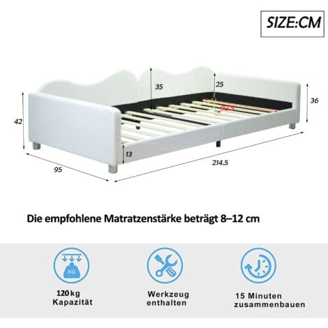 Lit simple 90x200 cm, lit rembourré, lit enfant 90x200 cm, cadre de canapé-lit en tissu peluche doux, blanc, sans matelas