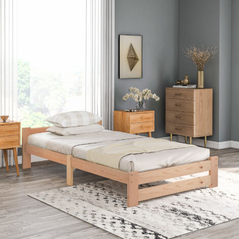 Lit adulte Lit simple Lit en bois 90 x 200 cm avec tête de lit et sommier à lattes, naturel (1/5)