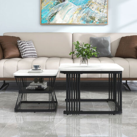 Lot de 2 Tables Basses Gigognes Carrées en Marbre Blanc avec Cadre en Métal Noir. 65 x 65 x 45 cm. 45 x 45 x 39.5 cm (1/5)