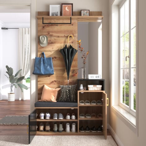 Vestiaire d'entrée, porte manteau avec miroir, armoire à chaussures, banc et patère, noir