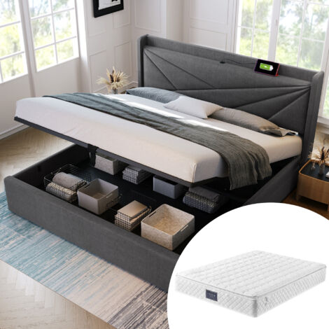 Lit coffre 160x200 cm, lit coffre capitonné 160x200 cm, lit avec sommier à lattes et fonction de charge USB Type C, lin, gris, matelas inclus