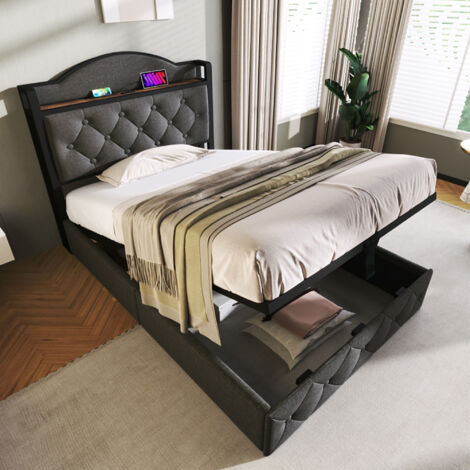 Lit Coffre 90x190 Cm Avec Rangement Et USB-C - Sommier à Lattes, Sans Tête De Lit, Couleur Naturel | Idéal Chambre D'ami Ou Studio