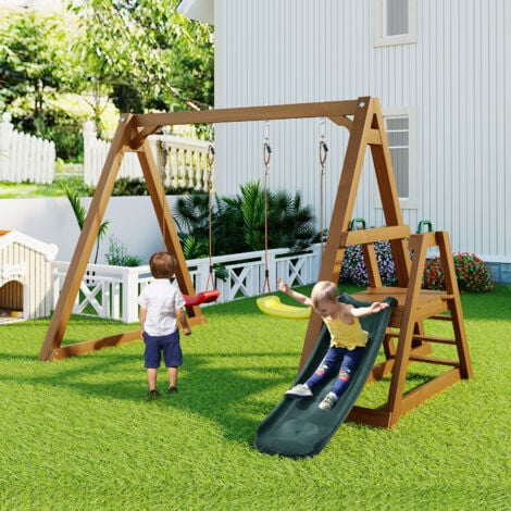 Balançoire double pour enfants avec toboggan et échelle d'escalade, cadre de balançoire extérieur en bois massif, naturel