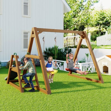 Balançoire double pour enfants avec toboggan et échelle d'escalade, cadre de balançoire extérieur en bois massif, naturel