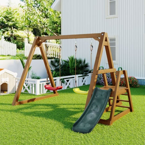 Balançoire double pour enfants avec toboggan et échelle d'escalade, cadre de balançoire extérieur en bois massif, naturel