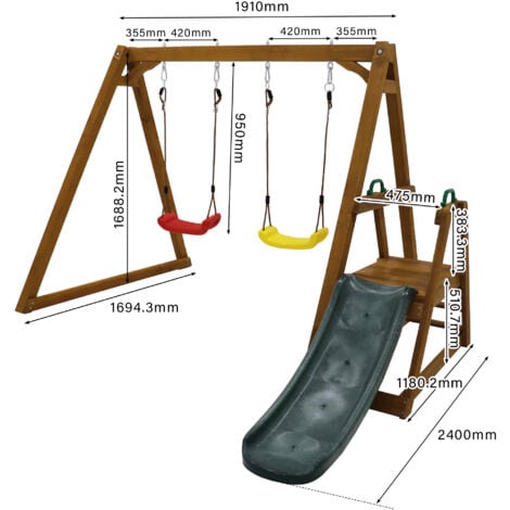 Balançoire double pour enfants avec toboggan et échelle d'escalade, cadre de balançoire extérieur en bois massif, naturel