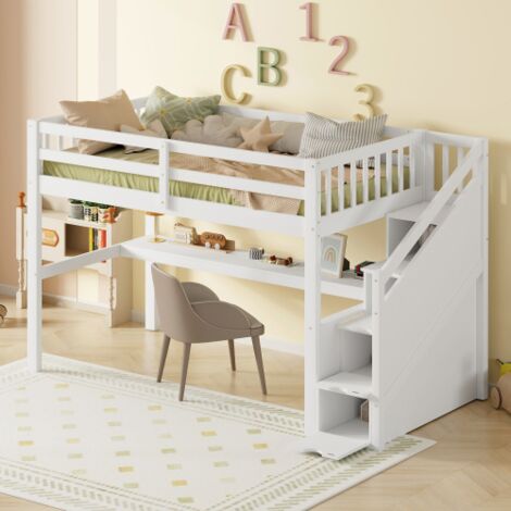 Wishdor – Lit mezzanine enfant 90x200 cm avec bureau et tiroirs de rangement – Cadre en pin blanc – Hauteur 147.5 cm pour espace optimisé