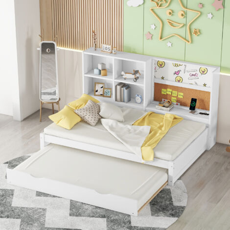 Wishdor – Lit gigogne enfant 90 x 200 cm – Bois de pin et MDF – Port USB et tableau blanc – Rangement intégré – Hauteur 167 cm