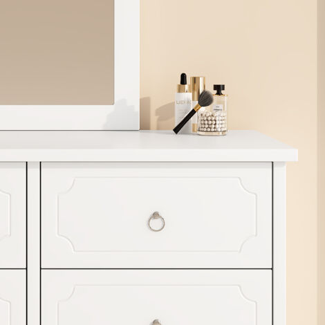 Commode 6 Tiroirs Blanc Et Doré - Meuble Rangement Chambre, Salon - 100 X 34 X 73 Cm - Design Moderne Avec Pieds Métal
