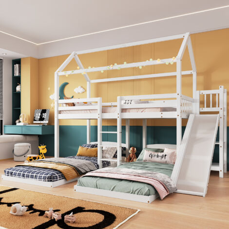 Lit Superposé Enfant 90x200 Cm En Bois Massif Avec Toit, échelle Et 3 Tiroirs - Gris/Blanc