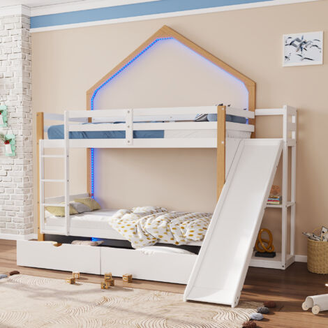 Lit Mezzanine Enfant En Forme De Maison Avec Fenêtre - 90x200 Cm - Rangement Intégré Sous Le Lit Et Dans L'échelle - En Pin Blanc Et Naturel (sans Matelas) - 5