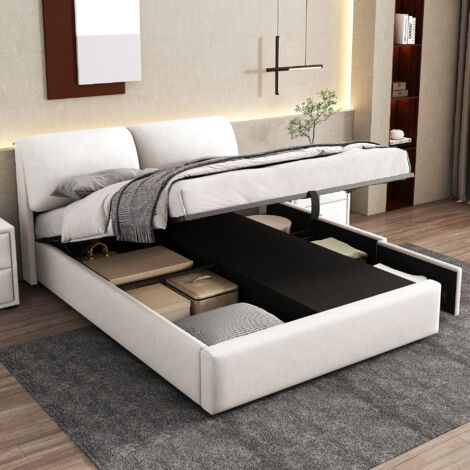 Lit coffire Lit double Lit hydraulique 140 x 200 cm avec 3 tiroirs et sommier à lattes, sans matelas, velours, blanc (1/5)