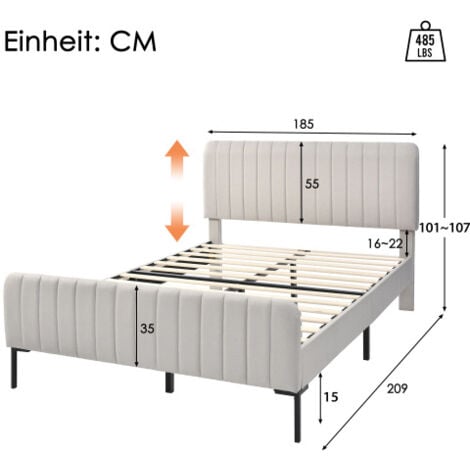 lit rembourré 180x200 cm, lit adulte 180x200 cm, cadre de lit avec sommier à lattes et tête de lit capitonné réglable, lin, gris-beige, sans matelas