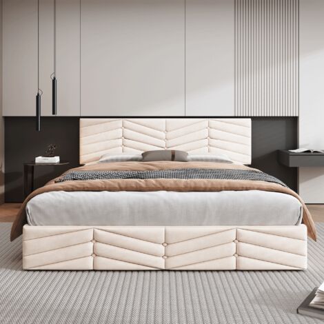 Wishdor – Lit coffre adulte double capitonné 140 x 200 cm – Tête de lit réglable en hauteur – Velours beige – Espace de rangement intégré (1/5)